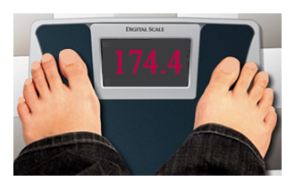 Scale showing weight 174 pounds